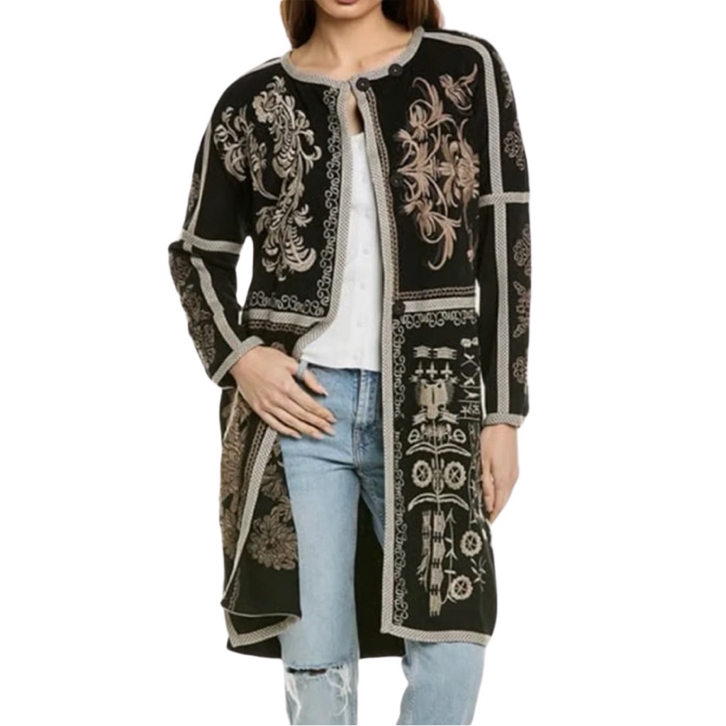 Johnny Was Biya Cardigan Embroidered Mid Length Open Front Sweater Small
